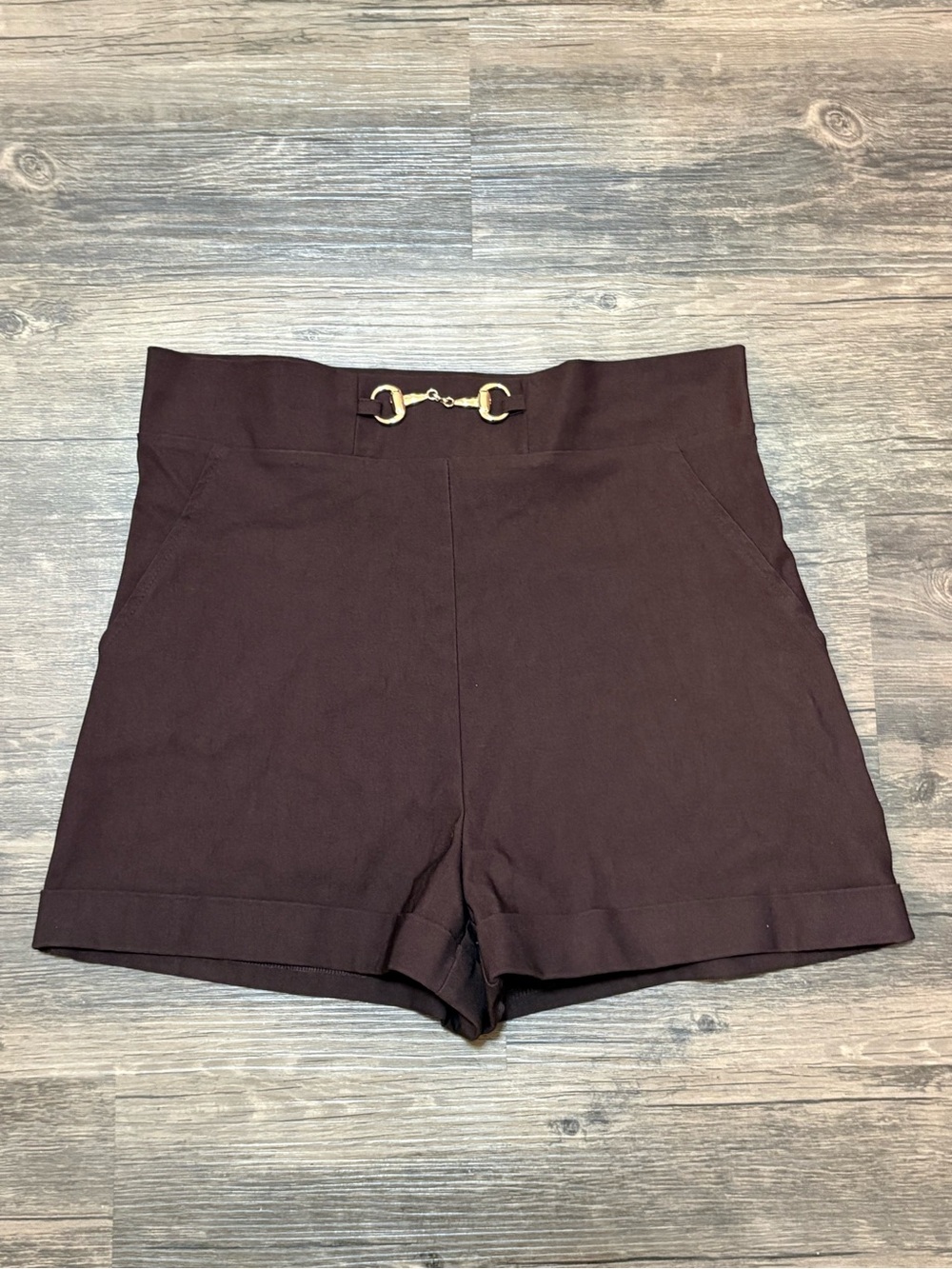 High-Rise Brown Women’s Shorts with Gold-Tone Hardware